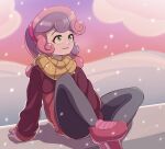  1girl clouds commentary english_commentary green_eyes highres long_hair long_sleeves multicolored_hair my_little_pony my_little_pony:_equestria_girls my_little_pony:_friendship_is_magic pants rockset scarf shoes sitting smile snow solo sweetie_belle 