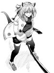  1girl absurdres animal_ears arknights black_thighhighs breasts full_body greyscale highres holding holding_weapon jacket long_sleeves monochrome open_clothes open_jacket puffy_long_sleeves puffy_sleeves purokion_katou short_hair smile solo tail thigh-highs utage_(arknights) weapon white_background 