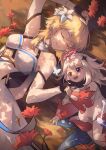  2girls :d absurdres autumn_leaves bare_shoulders blonde_hair blush breasts clover_print constellation_print detached_sleeves dress feather_hair_ornament feathers flower genshin_impact gloves hair_between_eyes hair_flower hair_ornament halo highres holding_hands kano_sakiko lily_(flower) lumine_(genshin_impact) lying medium_breasts multiple_girls on_back paimon_(genshin_impact) partially_fingerless_gloves short_hair_with_long_locks single_thighhigh smile thigh-highs white_dress white_flower white_hair 