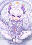  1girl animal_ears boots bow bowtie dragon_girl dragon_horns dragon_tail elbow_gloves extra_ears fang fingerless_gloves gloves highres horns kemono_friends kosai_takayuki long_hair looking_at_viewer purple_hair shirt simple_background skirt solo tail thigh-highs violet_eyes white_dragon_(kemono_friends) 