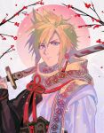  1boy blonde_hair blue_eyes cherry_blossoms cloud_strife cloud_strife_(official_festive_garb) earrings final_fantasy_vii_ever_crisis hand_up highres hityandayo holding holding_sword holding_weapon japanese_clothes jewelry katana kimono male_focus multicolored_clothes multicolored_kimono over_shoulder red_tassel scarf seigaiha serious short_hair solo spiky_hair sword sword_over_shoulder tassel tassel_earrings upper_body weapon weapon_over_shoulder 