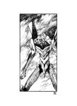  border dike_ruan eva_00 evangelion_(mecha) greyscale highres ink_(medium) looking_at_viewer mecha monochrome neon_genesis_evangelion no_humans robot science_fiction smoke solo traditional_media white_border 