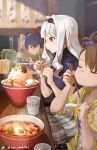  3girls antenna_hair asymmetrical_bangs black_hair blunt_bangs blurry blurry_background brown_hair chinese_spoon chopsticks eating food futami_ami ganaha_hibiki grey_hair hair_intakes highres holding holding_chopsticks idolmaster idolmaster_million_live! looking_at_food multiple_girls noodles ramen restaurant shijou_takane sidelocks sitting steam taka.yana twitter_username 