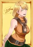  1girl :d armpits arms_behind_back ashley_graham belt blonde_hair breasts butcha-u highres large_breasts plaid plaid_skirt resident_evil resident_evil_4 skirt smile sweater_vest yellow_eyes 