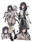  1girl alternate_costume ball black_hair black_pants blue_skirt blush braid closed_mouth criis-chan cropped_torso danganronpa_(series) danganronpa_2:_goodbye_despair grey_shirt hair_intakes holding holding_ball jacket long_hair long_sleeves miniskirt multiple_views nail_polish neck_ribbon open_clothes open_jacket pants pleated_skirt puffy_sleeves ribbon shirt shirt_tucked_in short_sleeves simple_background skirt smile tsumiki_mikan twin_braids twintails white_background 