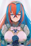  1girl alear_(female)_(fire_emblem) alear_(fire_emblem) blue_eyes blue_gloves blue_hair closed_mouth crossed_bangs fire_emblem fire_emblem_engage gloves hair_between_eyes heterochromia highres labebebe_lee light_smile long_hair looking_at_viewer multicolored_hair own_hands_clasped own_hands_together red_eyes redhead solo split-color_hair tiara two-tone_hair white_background 
