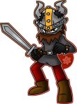 angry beard belt black_eyes boots brown_hair chainmail eyebrows gloves grey_skirt gunnar_(world_of_warrior) helmet holding_weapon horns red_pants solo sword world_of_warriors wristband