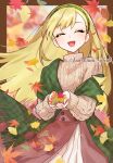  1girl :d ^_^ autumn autumn_leaves blonde_hair blush closed_eyes cowboy_shot floating_hair green_headband green_scarf headband highres holding holding_leaf kurosaki_kana layered_skirt leaf long_hair maple_leaf original pleated_skirt scarf skirt smile solo sweater turtleneck turtleneck_sweater twitter_username 