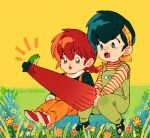  1boy 1girl aged_down artist_name braid braided_ponytail child fangs flower frog grass hairband hibiki_ryouga open_mouth orange_flower pls_type_urname ranma-chan ranma_1/2 redhead sitting yellow_flower yellow_hairband 