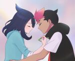  1boy 1girl black_hair black_vest closed_eyes commentary cowlick dark-skinned_male dark_skin eyelashes from_side green_jacket grey_background holding hood hood_down hooded_vest hoodie jacket liko_(pokemon) pokemon pokemon_(anime) pokemon_horizons rei_hinketsu roy_(pokemon) shirt short_sleeves symbol-only_commentary upper_body vest white_shirt 