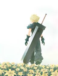  1boy absurdres black_gloves black_pants blonde_hair buster_sword cloud_strife commentary_request dododo field final_fantasy final_fantasy_vii flower flower_field gloves highres lily_(flower) male_focus pants single_shoulder_pad solo sword sword_on_back weapon weapon_on_back 