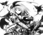  1girl closed_mouth collared_shirt greyscale hair_ribbon holding holding_sword holding_weapon katana konpaku_youmu looking_at_viewer monochrome puffy_short_sleeves puffy_sleeves ribbon sakinomae shirt short_hair short_sleeves sidelocks solo sword touhou upper_body weapon 