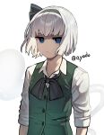  1girl black_hairband blue_eyes blunt_bangs closed_mouth collared_shirt green_vest grey_hair hairband highres hitodama konpaku_youmu looking_at_viewer medium_hair shirt short_sleeves simple_background solo touhou upper_body vest white_background white_shirt yadoyuki 