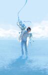  1boy black_hair blue_flower blue_sky clouds flower hair_over_one_eye highres horizon jacket male_focus original pants rido_(ridograph) shirt short_hair sky soaking_feet solo standing water white_jacket white_pants white_shirt 