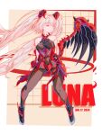  1girl bare_shoulders black_bodysuit bodysuit character_name dated demon_horns full_body grey_hair hair_between_eyes highres horns long_hair luna_(punishing:_gray_raven) mechanical_wings metaldaisy punishing:_gray_raven red_eyes red_horns sidelocks single_wing solo twintails very_long_hair wings 