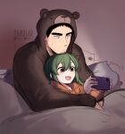  1boy 1girl animal_costume bear_costume bear_pajamas black_hair blush cellphone couple facial_hair fang goatee green_eyes green_hair highres holding holding_phone hood hoodie igarashi_futaba_(shiromanta) medium_hair onesie orange_hoodie panqlao petite phone pillow senpai_ga_uzai_kouhai_no_hanashi short_hair smartphone stubble stuffed_animal stuffed_toy takeda_harumi_(shiromanta) thick_eyebrows under_covers 