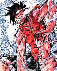  1boy black_hair black_shorts blood clenched_teeth cowboy_shot english_commentary hand_on_own_knee hat highres male_focus monkey_d._luffy one_piece red_shirt shirt short_hair shorts smoke solo straw_hat teeth that_one_panda white_background 