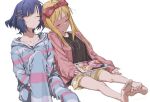  2girls apple_print bare_legs barefoot black_shirt blonde_hair blue_hair blurry bocchi_the_rock! bow cardigan closed_eyes collarbone depth_of_field hair_bow hair_ornament highres hood ijichi_nijika knee_up leaning_on_person multiple_girls pajamas pink_cardigan record shirt sidelocks sleeping soles striped_clothes striped_pajamas white_background x_hair_ornament yamada_ryo yo_na 