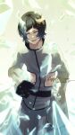  1boy 2022 absurdres backlighting black_hair bleach blunt_bangs character_name commentary_request cowboy_shot dated evil_smile hand_up high_collar highres ice looking_at_viewer luppi_antenor open_mouth shirt short_hair simple_background sleeves_past_fingers sleeves_past_wrists smile solo sumire_1046 v-shaped_eyebrows violet_eyes white_shirt 
