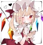 1girl ascot blonde_hair closed_mouth commentary crystal crystal_wings flandre_scarlet gloves hat heart highres looking_at_viewer medium_hair mob_cap nacht_musik one_eye_closed puffy_short_sleeves puffy_sleeves red_eyes short_sleeves side_ponytail simple_background solo touhou upper_body white_background white_gloves wings 