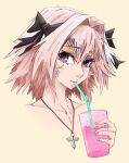  1boy astolfo_(fate) astolfo_(memories_at_trifas)_(fate) black_bow bow collarbone cup drink drinking drinking_straw fate/apocrypha fate/grand_order fate_(series) hair_bow hair_intakes highres holding holding_cup ice ice_cube jewelry male_focus multicolored_hair otoko_no_ko pendant pink_hair pink_liquid portrait samyrkandia sepia_background simple_background solo streaked_hair violet_eyes white_hair 