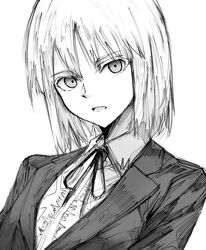  1girl collared_shirt commentary_request greyscale jacket jormungand_(manga) koko_hekmatyar monochrome monogrbl neck_ribbon parted_lips portrait ribbon shirt short_hair simple_background sketch solo 