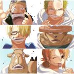  1girl 4boys animal blonde_hair blue_shirt cape commentary_request crying curly_eyebrows earrings eyelashes glasses green_hair hair_bun hair_over_one_eye hat highres hood hooded_cape jewelry looking_at_viewer multiple_boys nami_(one_piece) one_piece orange_eyes orange_hair roronoa_zoro sanji_(one_piece) shirt short_hair simple_background smile striped_clothes striped_shirt suzu_(suzuran_piece) sweatdrop tongue tongue_out tony_tony_chopper usopp v-shaped_eyebrows vertical-striped_clothes vertical-striped_shirt white_cape 