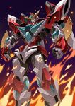  absurdres bang_brave_bang_bravern bravern clenched_hands cowboy_shot fire gradient_background green_eyes highres lazgear mecha no_humans robot standing super_robot 