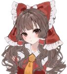  1girl absurdres ascot blush brown_eyes brown_hair collared_shirt commentary_request frilled_shirt_collar frills hair_tubes hakurei_reimu highres long_hair looking_at_viewer parted_lips sakuka7488 shirt solo touhou upper_body 