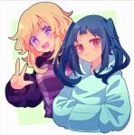  2girls black_hair blonde_hair blue_hoodie blush character_request closed_mouth highres hood hoodie long_hair long_sleeves looking_at_viewer multiple_girls open_mouth pink_eyes rueruechn smile teeth upper_teeth_only urotsuki v violet_eyes yume_2kki 