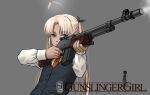  1girl artist_name blonde_hair blue_eyes blue_jacket copyright_name dated english_text expressionless firing formal grey_background gun gunslinger_girl highres jacket m1918_bar machine_gun mardjan necktie red_necktie shell_casing shirt smoke smoking_gun solo triela weapon white_shirt 