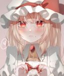  1girl ascot blonde_hair closed_mouth flandre_scarlet frills grey_background hat hat_ribbon heart highres hisu_(hisu_) looking_at_viewer medium_hair mob_cap pointy_ears red_eyes red_nails red_ribbon ribbon side_ponytail simple_background spoken_heart touhou upper_body 