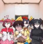  1boy 3girls @_@ antenna_hair arm_at_side belt bird_wings black_hair blurry blurry_background breath brown_hair captain_(kemono_friends) closed_mouth collared_shirt crossed_arms gloves green_eyes grey_hair hair_between_eyes half-closed_eye hand_on_own_hip head_wings hi_no_tori hi_no_tori_(kemono_friends) hot indoors kemono_friends kemono_friends_3 long_sleeves looking_to_the_side multicolored_hair multiple_girls neck_ribbon necktie one_eye_closed own_hands_together red_eyes redhead ribbon saja_(166j357) shirt short_hair short_sleeves suzaku_(kemono_friends) sweat sweater_vest two-tone_hair wing_collar wings yatagarasu_(kemono_friends) 