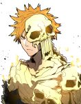  1boy absurdres angry bleach bleach:_jigoku-hen bone_armor brown_eyes burning fire from_side glowing highres isaacchief300 kurosaki_ichigo looking_at_viewer male_focus mask mask_over_one_eye official_alternate_costume one_eye_covered orange_hair paint_splatter shinigami simple_background skull skull_mask solo spiky_hair unworn_mask upper_body v-shaped_eyebrows white_background 