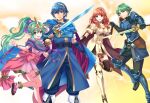  2boys 2girls :d alm_(fire_emblem) armor black_thighhighs blue_eyes blue_footwear blue_hair blush bracelet cape celica_(fire_emblem) dress earrings falchion_(fire_emblem) fingerless_gloves fire_emblem fire_emblem:_mystery_of_the_emblem fire_emblem:_shadow_dragon_and_the_blade_of_light fire_emblem_echoes:_shadows_of_valentia gloves green_eyes green_hair hair_ornament headband highres holding holding_sword holding_weapon jewelry kakiko210 long_hair looking_at_viewer marth_(fire_emblem) multiple_boys multiple_girls open_mouth pink_dress pointy_ears ponytail red_eyes redhead ribbon short_dress simple_background smile sword thigh-highs tiara tiki_(fire_emblem) tiki_(young)_(fire_emblem) weapon white_footwear 
