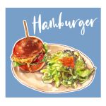  blue_background border burger cheese food food_focus hayasegawayayoi highres lettuce no_humans original plate still_life tomato tomato_slice white_border 