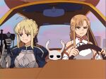  1other 2girls :i :t :| ahoge armor armored_dress artoria_pendragon_(fate) asuna_(sao) blonde_hair blood blood_on_weapon blood_stain blue_ribbon braid breastplate brown_eyes brown_hair car closed_mouth commentary crossover driving empty_eyes english_commentary fate/stay_night fate_(series) frown gauntlets green_eyes hair_ribbon highres holding holding_sword holding_weapon hollow_knight jitome knight_(hollow_knight) knights_of_blood_uniform_(sao) kurisuu101 long_hair long_sleeves looking_to_the_side motor_vehicle multiple_girls rear-view_mirror ribbon saber_(fate) sidelocks sword sword_art_online upper_body very_long_hair weapon white_armor 