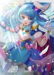  1girl absurdres blue_cape blue_dress blue_eyes blue_hair brooch cape commentary_request cure_sky cut_bangs detached_sleeves dress feathers frilled_dress frills gloves highres hirogaru_sky!_precure jewelry light_particles long_hair looking_at_viewer magical_girl minccino7 multicolored_hair open_mouth petals pink_hair precure puffy_detached_sleeves puffy_sleeves red_cape short_dress single_sidelock sleeveless sleeveless_dress smile solo sora_harewataru standing streaked_hair sunlight thigh-highs twintails two-sided_cape two-sided_fabric very_long_hair white_gloves white_thighhighs wing_brooch wing_hair_ornament 