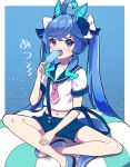  1girl ahoge akane_(akane112234) animal_ears aqua_hair black_bow black_sailor_collar black_shorts blue_eyes blue_footwear blue_hair bow casual commentary cropped_shirt crossed_bangs eating flats food hair_bow heterochromia highres holding holding_food holding_popsicle horse_ears horse_girl horse_tail indian_style long_hair looking_at_viewer midriff multicolored_hair navel neckerchief no_socks open_mouth pink_neckerchief popsicle sailor_collar sailor_shirt sharp_teeth shirt short_shorts short_sleeves shorts sidelocks sitting solo suspender_shorts suspenders sweatdrop tail teeth translated twin_turbo_(umamusume) twintails two-tone_hair umamusume very_long_hair violet_eyes white_shirt 