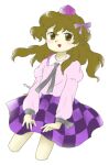  1girl :d brown_eyes brown_hair checkered_clothes checkered_skirt collared_shirt cropped_legs frilled_shirt_collar frills grey_necktie hair_ribbon hat himekaidou_hatate juliet_sleeves long_hair long_sleeves necktie nonamejd official_style open_mouth pink_shirt puffy_sleeves purple_headwear purple_ribbon purple_skirt ribbon shirt simple_background skirt smile solo tokin_hat touhou white_background zun_(style) 