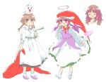  2girls :d bakebake_(touhou) blanket bobby_socks braid brown_eyes brown_hair dress dual_persona ex-rika eyes_visible_through_hair fake_halo hair_down halo hat holding holding_blanket holding_vial jester_cap juliet_sleeves long_sleeves mini_wings multiple_girls nonamejd official_style open_mouth parted_bangs puffy_sleeves purple_wings red_headwear rika_(touhou) simple_background skirt slippers smile socks standing teeth touhou touhou_(pc-98) twin_braids upper_teeth_only vial white_background white_dress white_skirt white_socks wings zun_(style) 