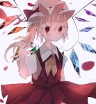  1girl ascot blonde_hair closed_mouth crystal crystal_wings flandre_scarlet hat highres looking_at_viewer medium_hair mob_cap nacht_musik red_eyes short_sleeves side_ponytail simple_background solo touhou white_background wings yellow_ascot 