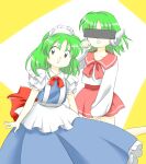  2girls :d blue_dress bow bowtie censored dress green_hair grey_eyes identity_censor maid_headdress medium_hair multi_(to_heart) multiple_girls nonamejd official_style phantasmagoria_of_dim.dream pink_bow pink_bowtie pink_sailor_collar pink_skirt puffy_short_sleeves puffy_sleeves red_bow red_bowtie robot_ears ruukoto sailor_collar shirt short_sleeves single_horizontal_stripe skirt smile to_heart to_heart_(series) touhou touhou_(pc-98) two-tone_background white_background white_shirt yellow_background zun_(style) 