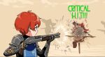  1girl armor bag blue_eyes brown_background chainmail commentary english_commentary english_text firing from_behind from_side gameplay_mechanics gauntlets gun hands_up hat holding holding_weapon kurisuu101 original redhead satchel short_hair shotgun shoulder_armor solo target target_practice team_fortress_2 v-shaped_eyebrows weapon witch_hat 
