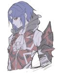  1boy alcryst_(fire_emblem) armor ascot asymmetrical_hair blue_hair fire_emblem fire_emblem_engage hair_between_eyes hair_ornament hairclip highres looking_to_the_side male_focus mizss red_eyes short_hair shoulder_armor solo upper_body white_ascot white_background 