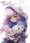  1girl absurdres atsuko_(blue_archive) black_gloves blue_archive blue_flower blush bouquet commentary_request cross-laced_clothes cross-laced_sleeves flower gloves halo happy_birthday highres holding holding_bouquet hood hood_up hooded_jacket jacket long_hair long_sleeves looking_at_viewer madotsukumo pink_flower purple_flower purple_hair red_eyes simple_background smile solo teeth white_background white_flower white_jacket 
