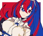  1girl alear_(female)_(fire_emblem) alear_(fire_emblem) blue_eyes blue_hair braid closed_mouth crossed_bangs crown_braid do_m_kaeru fire_emblem fire_emblem_engage hair_between_eyes heterochromia light_smile long_hair looking_at_viewer multicolored_hair red_eyes redhead solo split-color_hair tiara two-tone_hair 