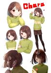  1other ake_blood artist_name black_pantyhose blush boots brown_footwear brown_hair brown_shorts chara_(undertale) character_name clenched_hand closed_eyes closed_mouth commentary_request crossed_arms full_body green_sweater hand_on_own_face hand_up heart highres long_sleeves looking_at_viewer looking_to_the_side open_mouth pantyhose red_eyes short_hair shorts simple_background single_stripe smile solo standing striped_clothes striped_sweater sweatdrop sweater teeth tongue turtleneck turtleneck_sweater undertale upper_body v v-shaped_eyebrows white_background 