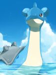 afloat bright_pupils closed_mouth clouds commentary day highres kou11021301 lapras looking_to_the_side no_humans outdoors pokemon pokemon_(creature) sky solo symbol-only_commentary water white_pupils 