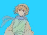  1other 21scorpii androgynous blue_background blue_scarf brown_hairband chinese_commentary closed_mouth commentary_request green_kimono hairband highres japanese_clothes kimono len&#039;en long_sleeves looking_at_viewer orange_eyes orange_hair orange_sleeves other_focus scarf short_hair simple_background sketch smile solo upper_body zuifeng_tenkai 